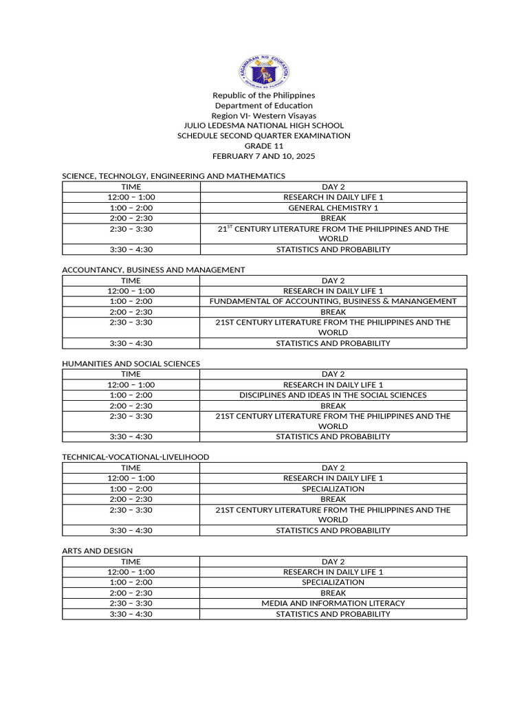 Grade 11 Second Quarter Exam Schedule | PDF | Science