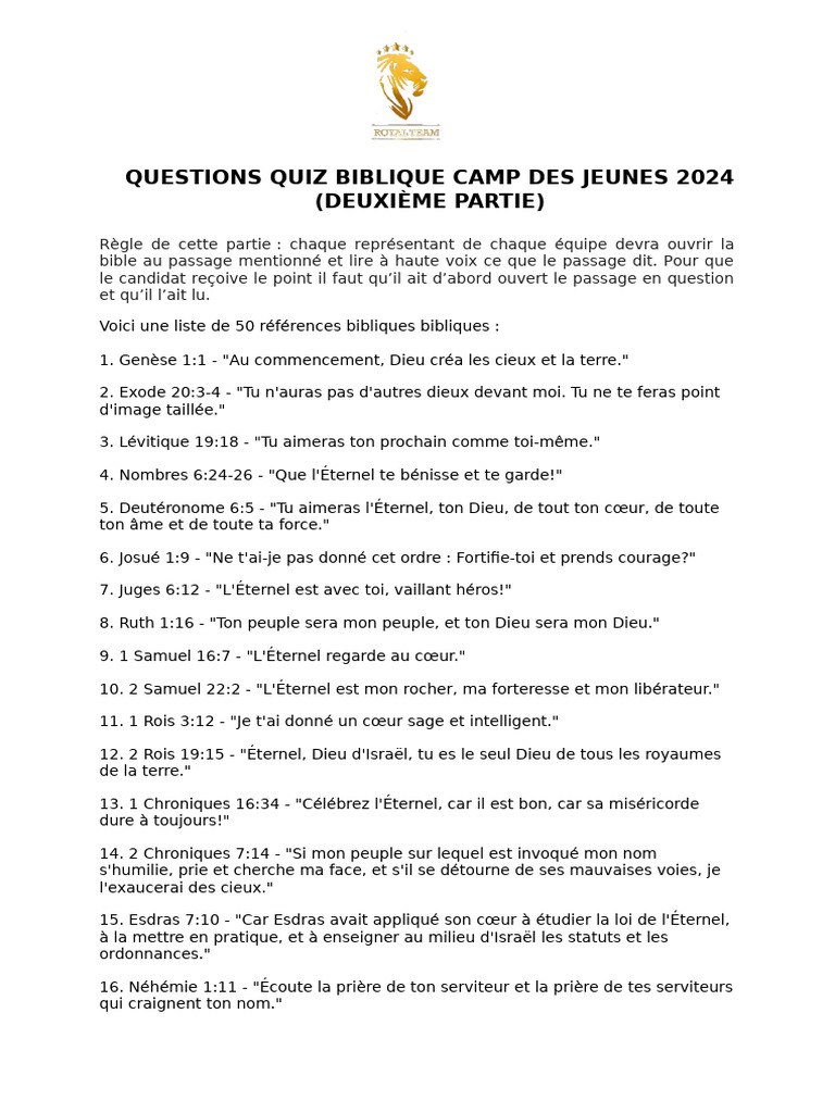 Quiz Biblique pour Jeunes 2024 | PDF | Dieu | Contenu de la Bible