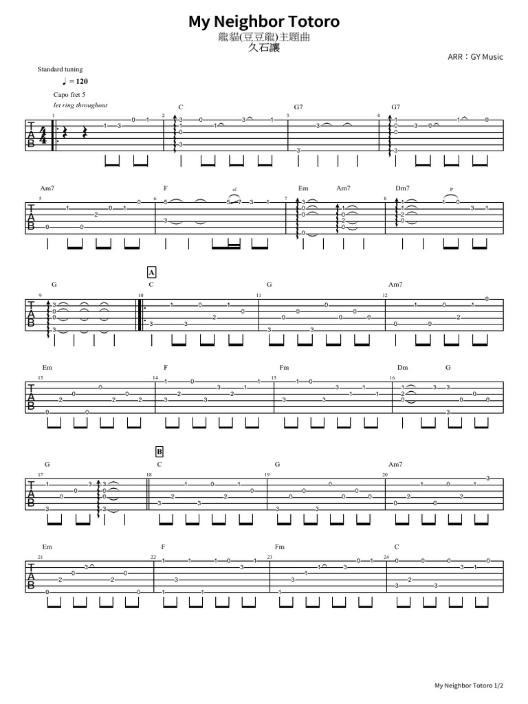 龍貓主題曲Totoro (guit tab | PDF | Necked Lutes | Guitar Family Instruments