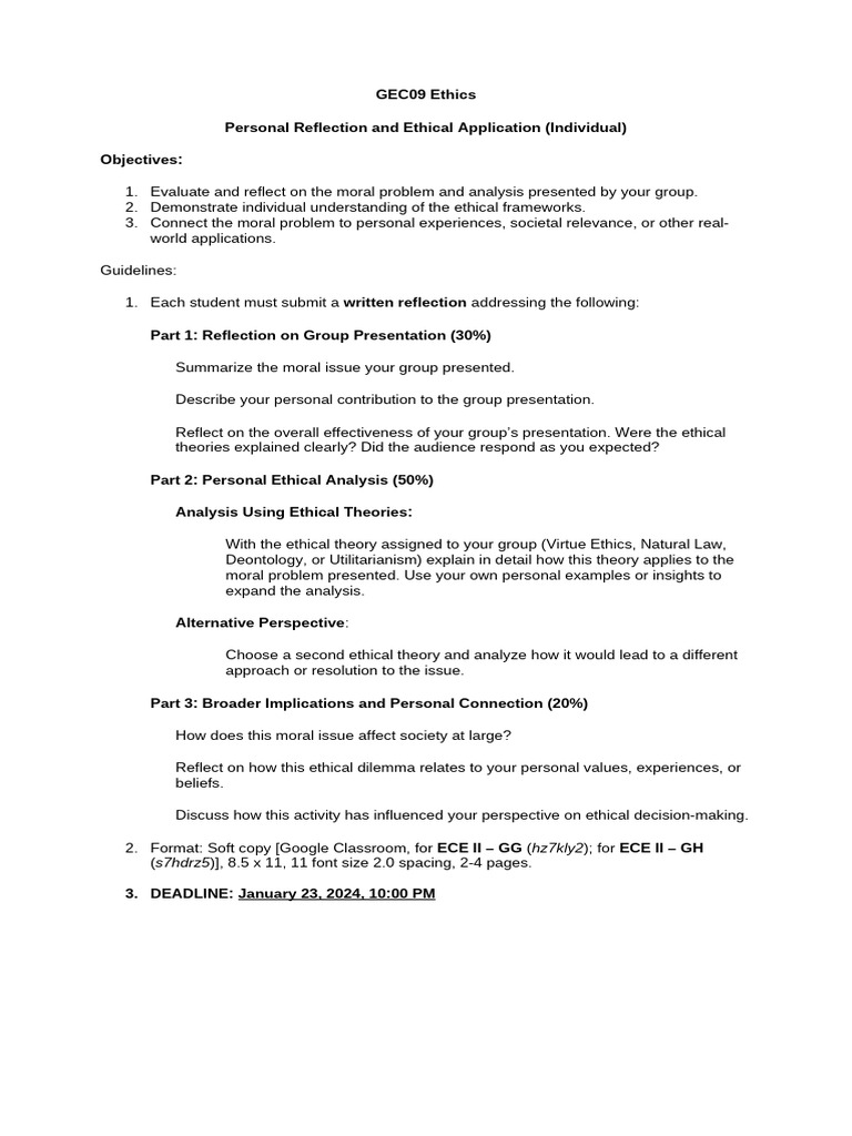 Ethics Reflection and Analysis Guide | PDF