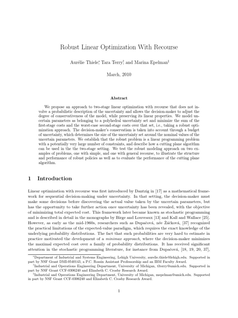 Robust Linear Optimization With Recourse: Aur Elie Thiele, Tara Terry ...