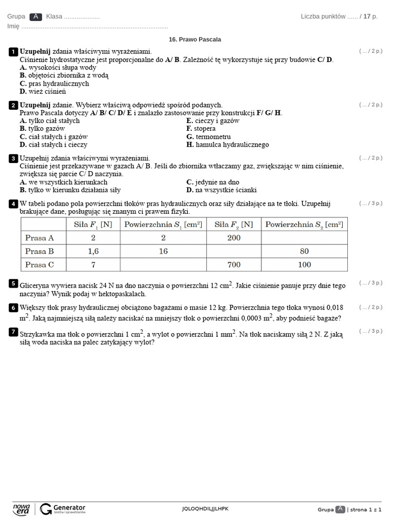 Prawo Pascala Test (Z Widoczna ¿ Punktacja ¿) | PDF