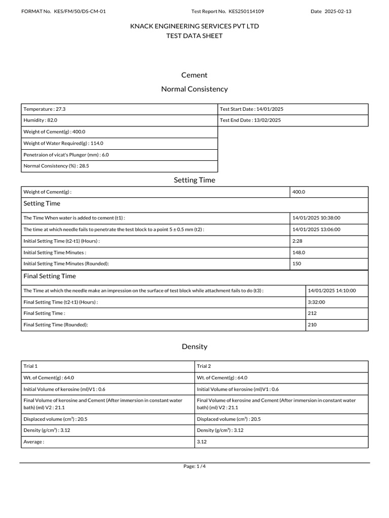Cement Test Report and Analysis 2025 | PDF | Density | Materials