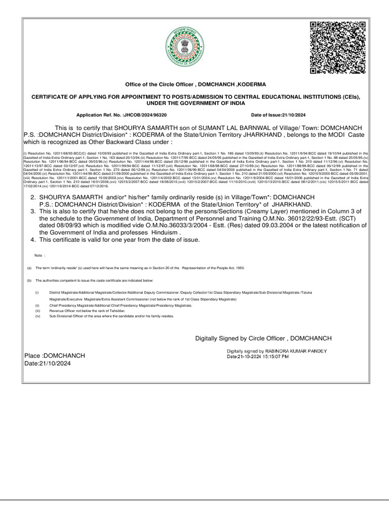 OBC Certificate for Central Admission | PDF | Government Of India