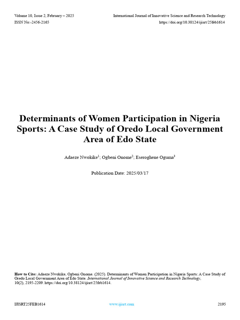 Determinants of Women Participation in Nigeria Sports: A Case Study of ...
