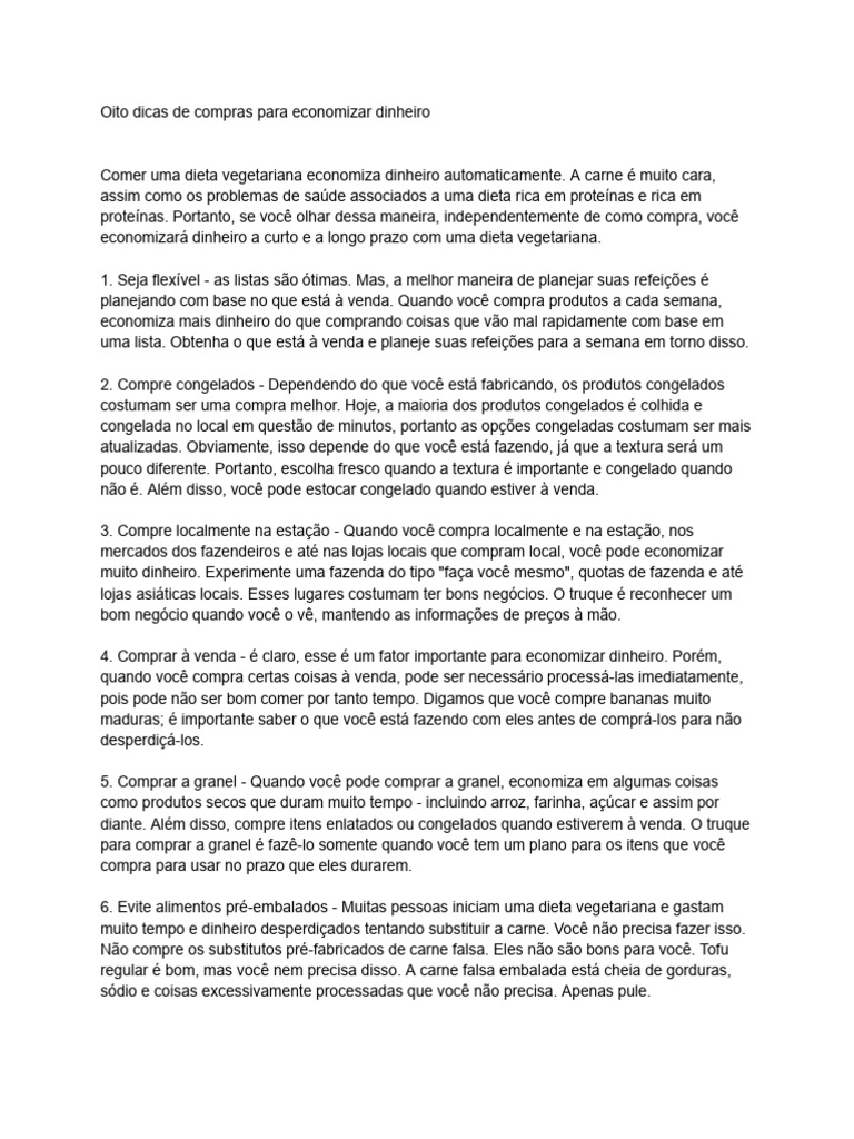 Dicas de Compras para Economizar | PDF | Dinheiro | Vegetarianismo