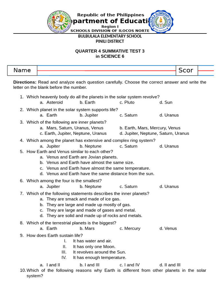 Q4 Sci6 ST3 | PDF | Planets | Planets In Astrology