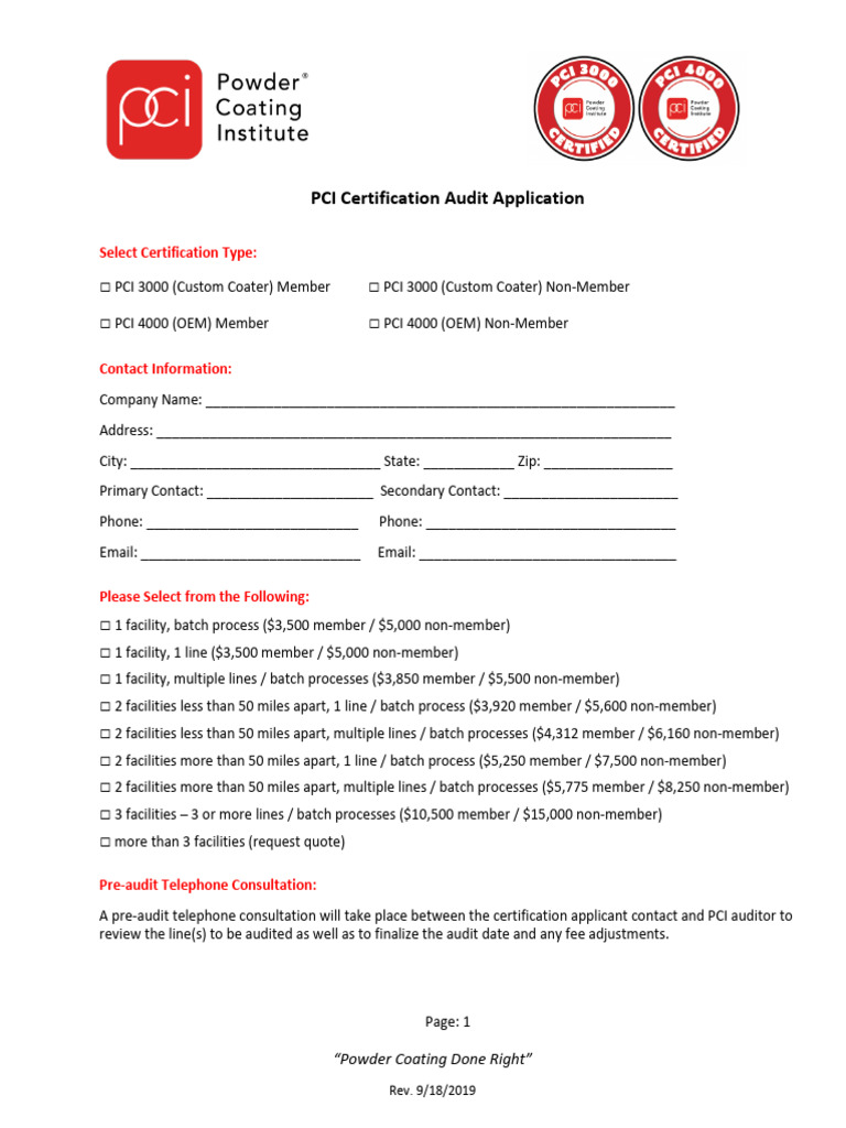 PCI Powder Coating Certification Application | PDF | Audit