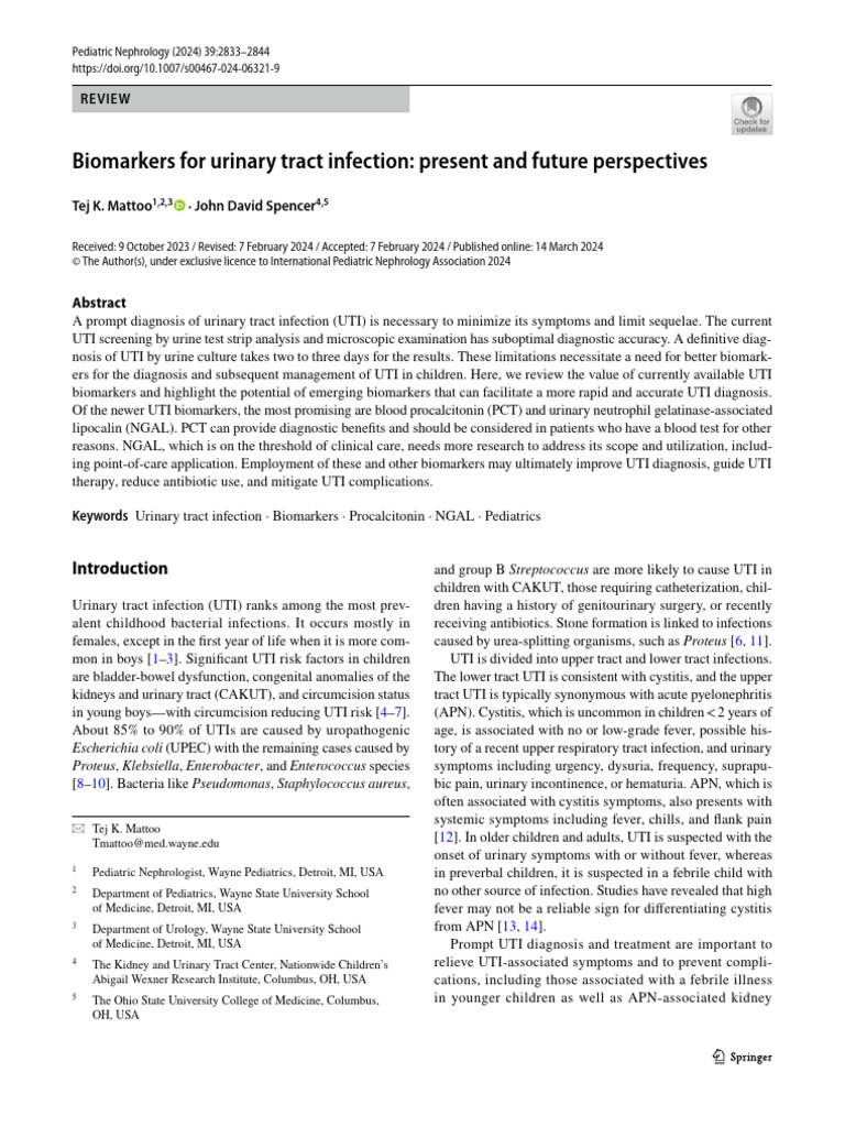 UTI Biomarkers: Current Insights and Future | PDF | Urinary Tract ...