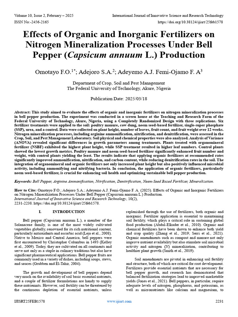 Effects of Organic and Inorganic Fertilizers On Nitrogen Mineralization ...
