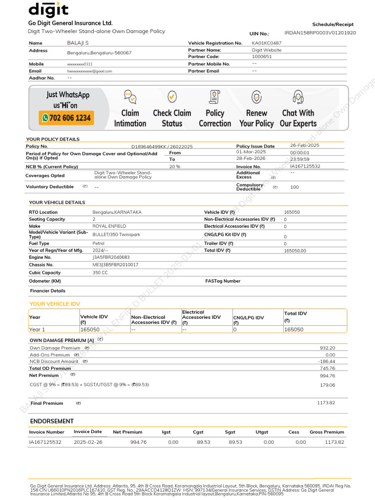 Digit Two-Wheeler Own Damage Policy | PDF | Insurance | Driver's License