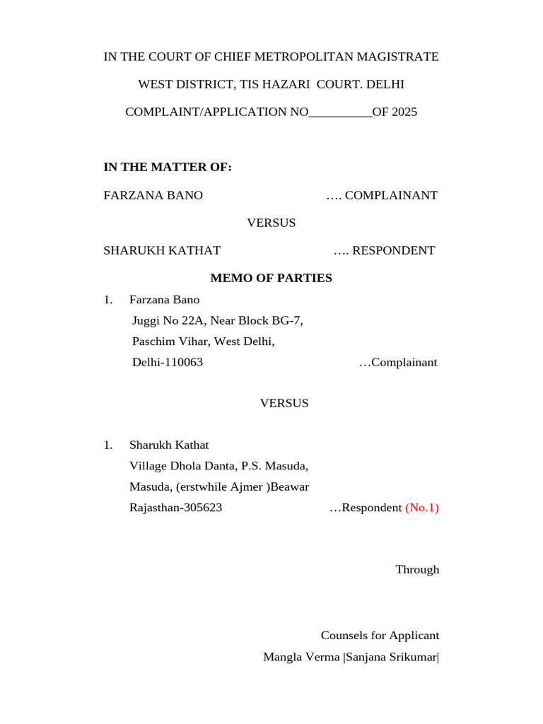 Farzana Bano vs. Sharukh Kathat: DV Case | PDF | Marriage | Affidavit