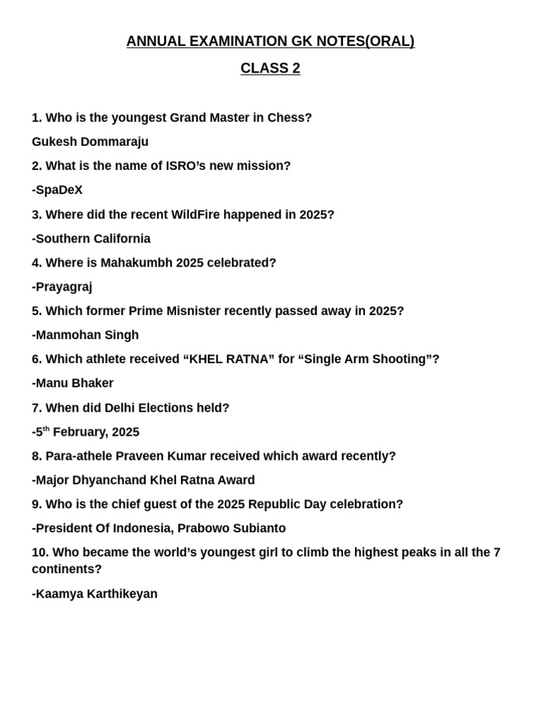Annual Examination GK Notes (Oral) Class 2 | PDF