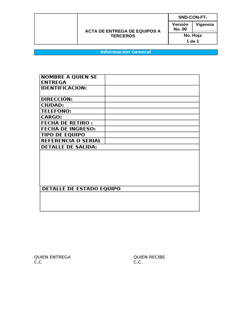 Acta de Entrega de Equipos a Terceros | PDF