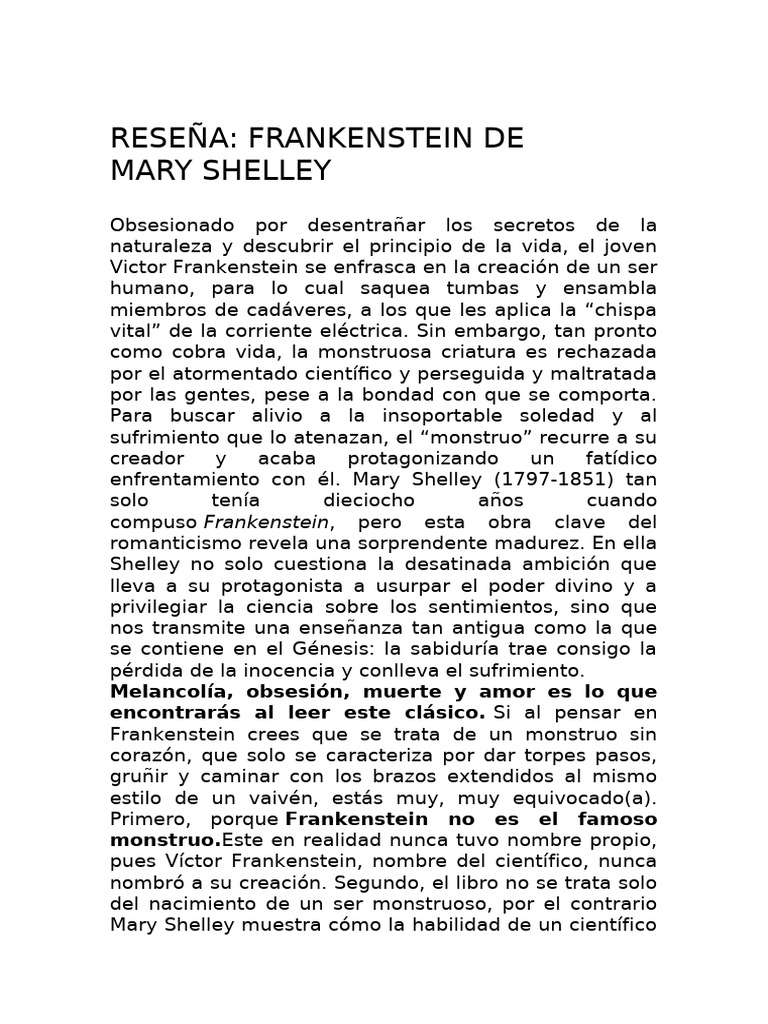 Reseña de Frankenstein de Mary Shelley | PDF | Frankenstein