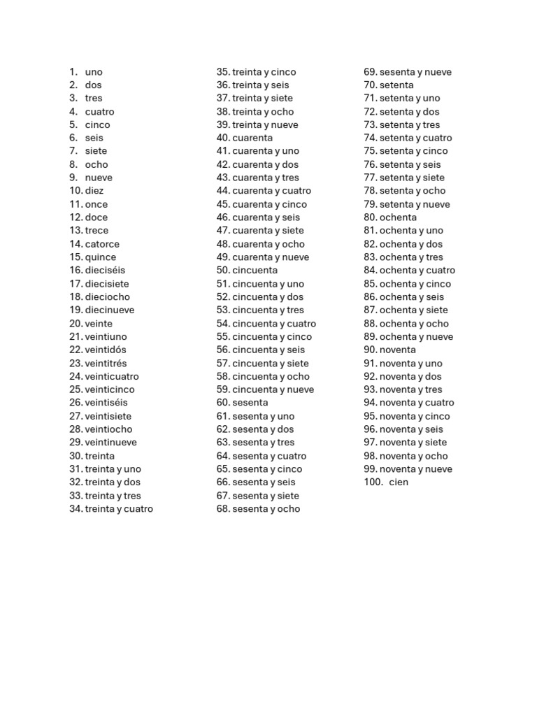 Números en portugués del 1 al 100 | PDF