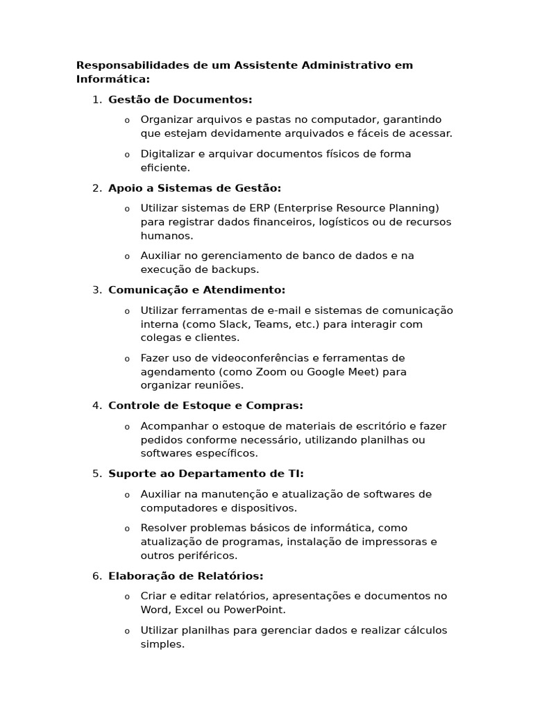 Responsabilidades de Um Assistente Administrativo em Informática | PDF ...