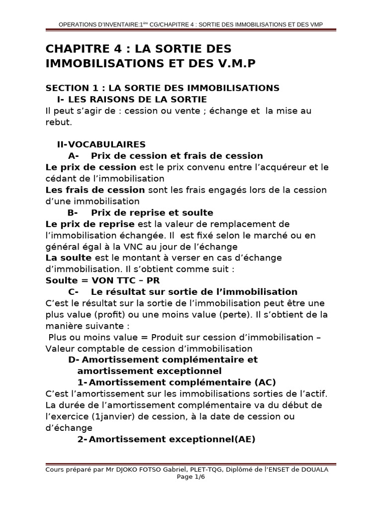 Sortie des immobilisations comptables | PDF | Dépréciation ...