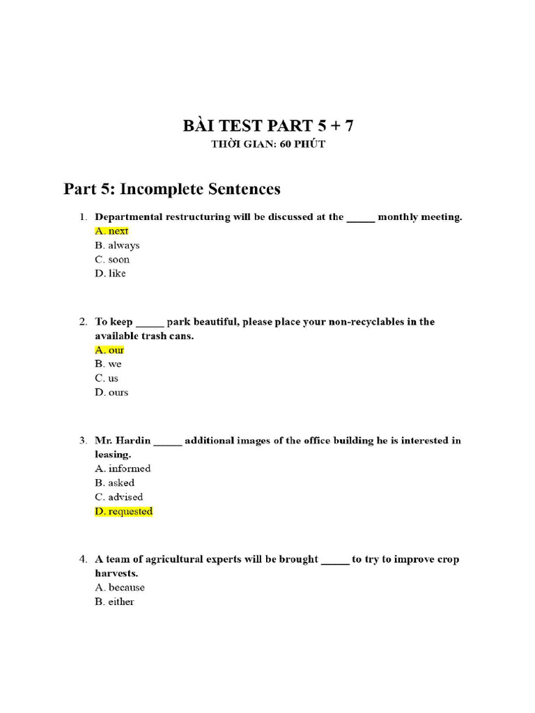 BÀI TEST PART 5 + 7 - Done | PDF