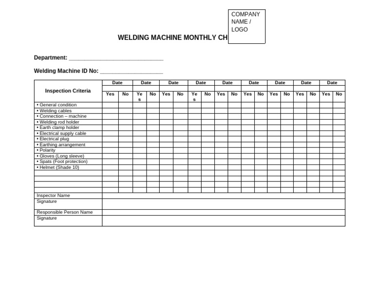 Welding Machine Monthly Inspection Checklist | PDF