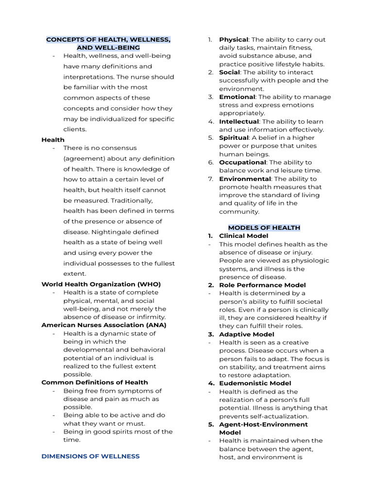 Health, Wellness, and Well-Being Concepts | PDF | Health Care | Nursing