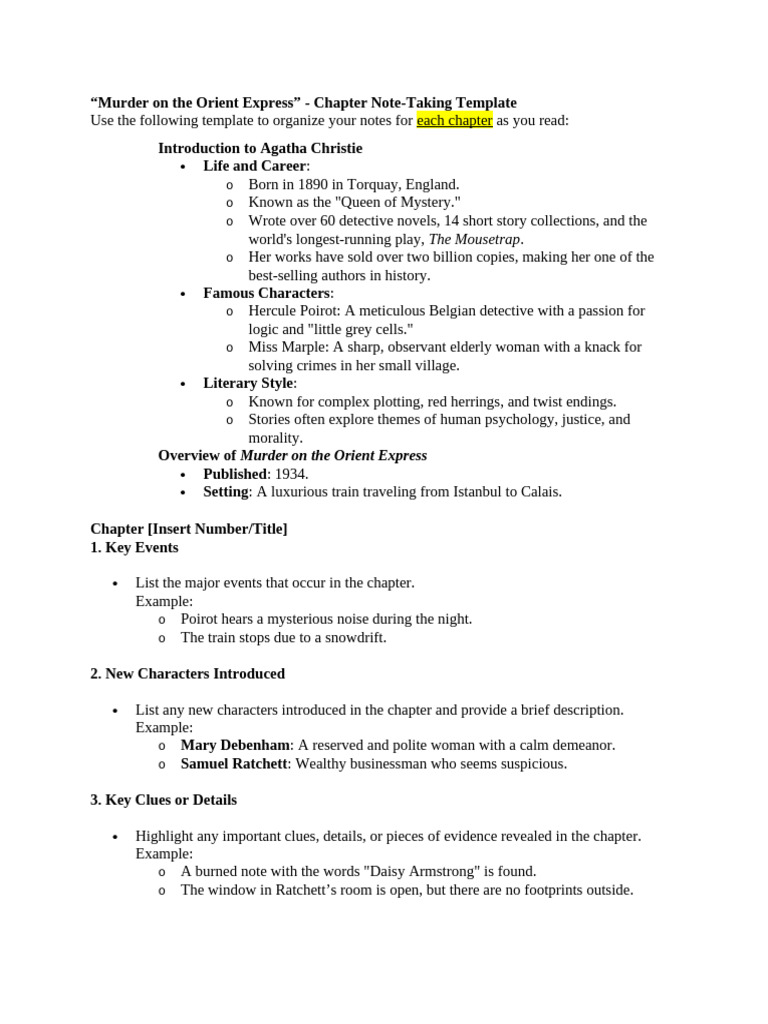 Murder on the Orient Express Notes Template | PDF | Crime Fiction ...