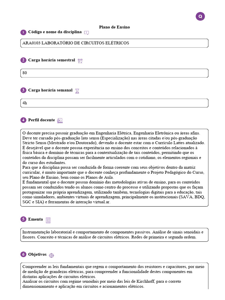 Plano de Ensino: Circuitos Elétricos | PDF | Aprendizado | Rede elétrica