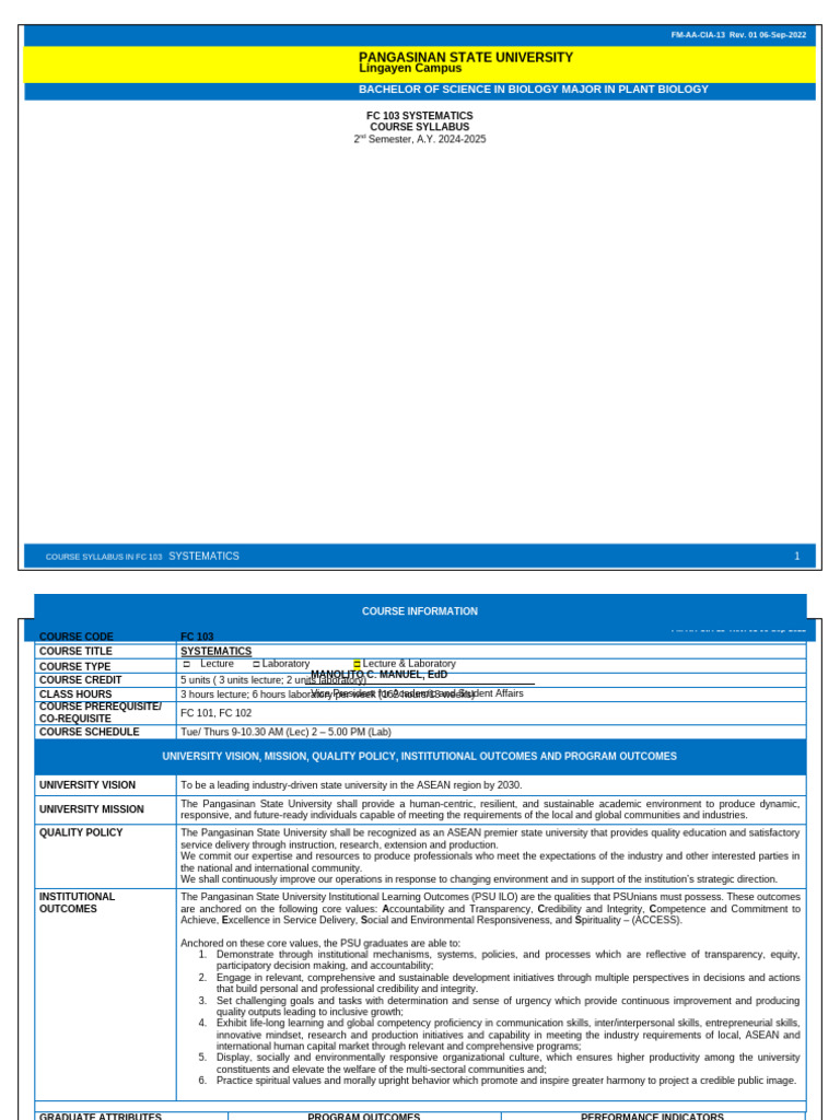 FC 103 Systematics Course Syllabus | PDF | Skill | Mindset