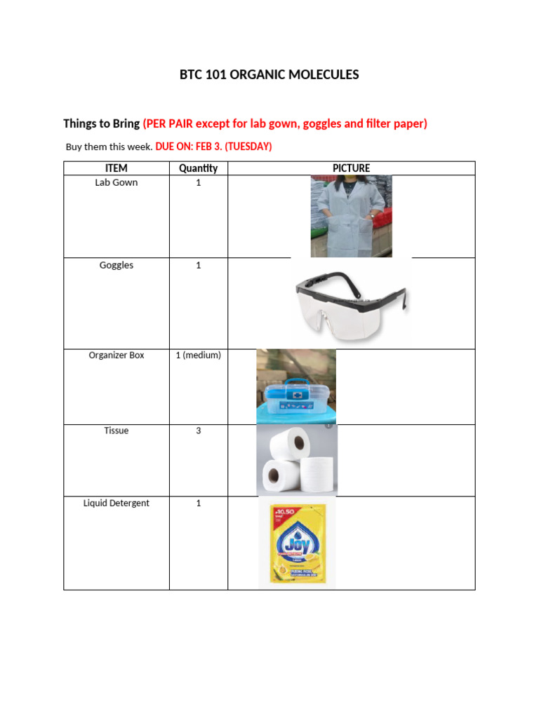 BTC 101 Lab Supplies Checklist | PDF