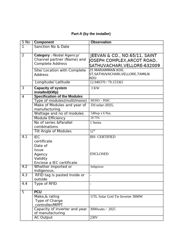 Solar Installation Report for Vellore | PDF | Solar Panel | Power Inverter