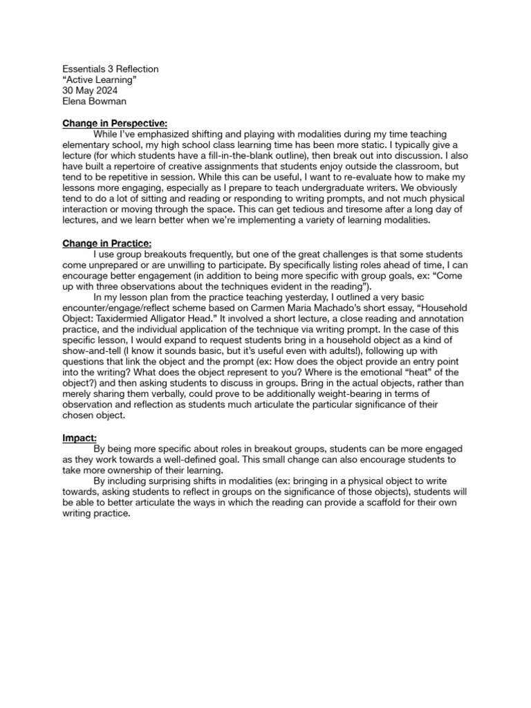 Essentials Reflection 3 | PDF | Lecture | Behavioural Sciences