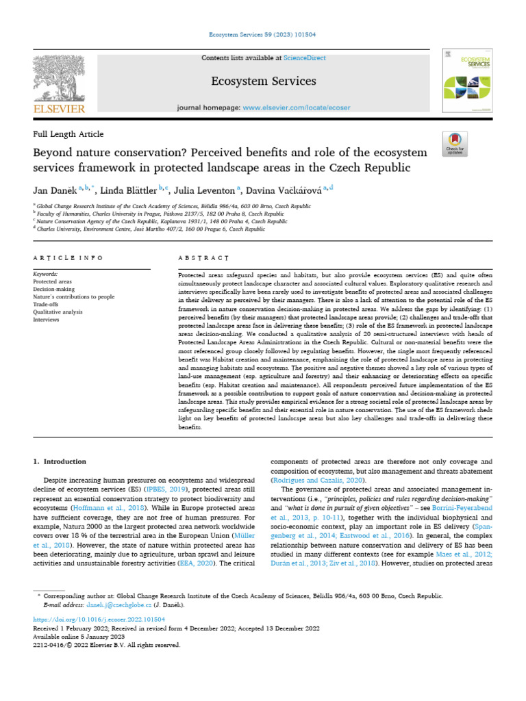 Beyond Nature Conservation Perceived Benefits and Role of The Ecosystem ...