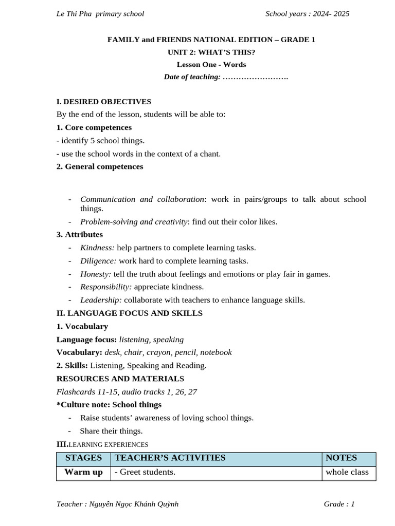 Grade 1 School Vocabulary Lesson Plan | PDF | Phonics | Letter Case