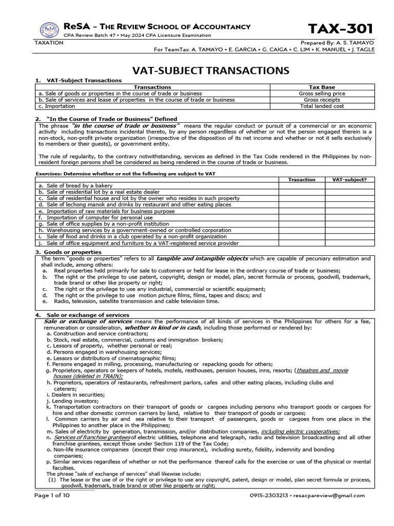 TAX 301 VAT Subject Transactions | PDF | Value Added Tax | Taxes