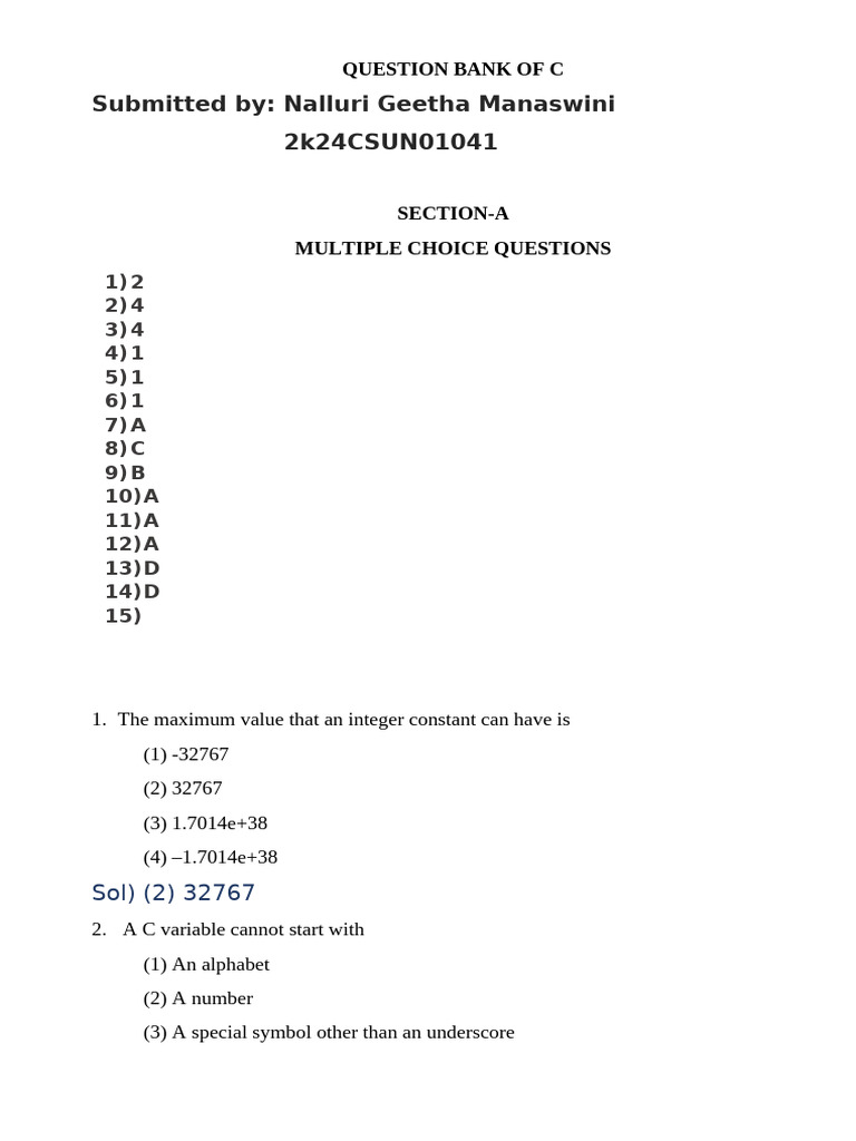 C Programming Question Bank | PDF | C (Programming Language ...