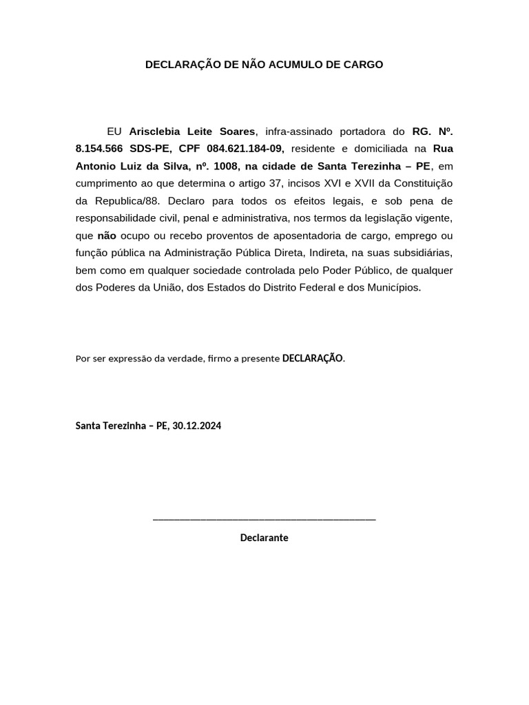 Declaração de Não Acúmulo de Cargo | PDF