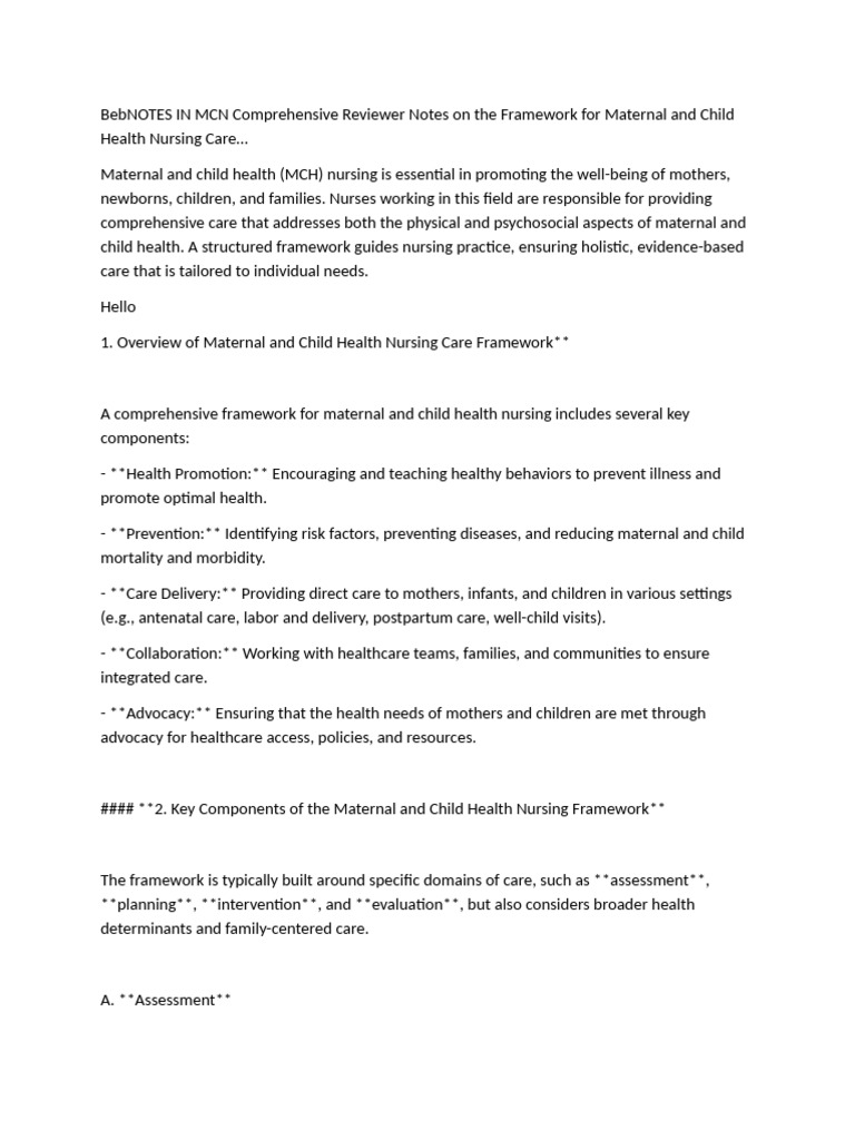 Framework Formaternal and Child Health Nursing Care | PDF | Maternal ...