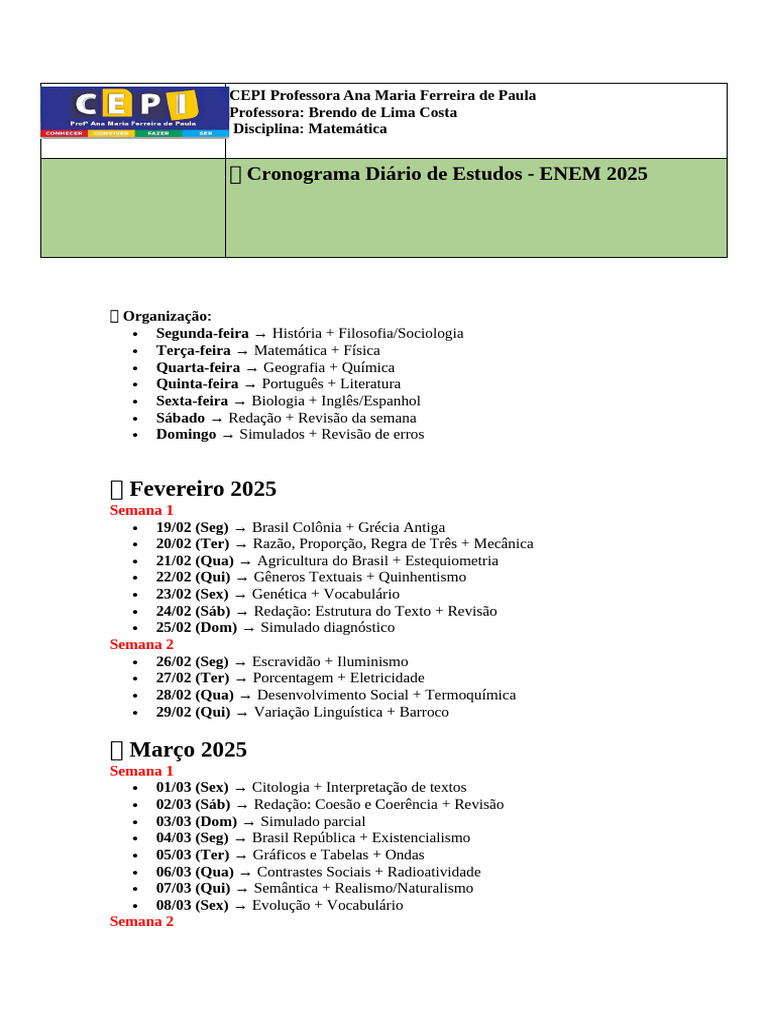 Cronograma de Estudos ENEM 2025 | PDF | Química | Science