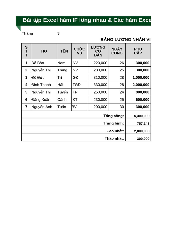 Bài tập Excel hàm IF lồng nhau & Các hàm Excel cơ bản | PDF