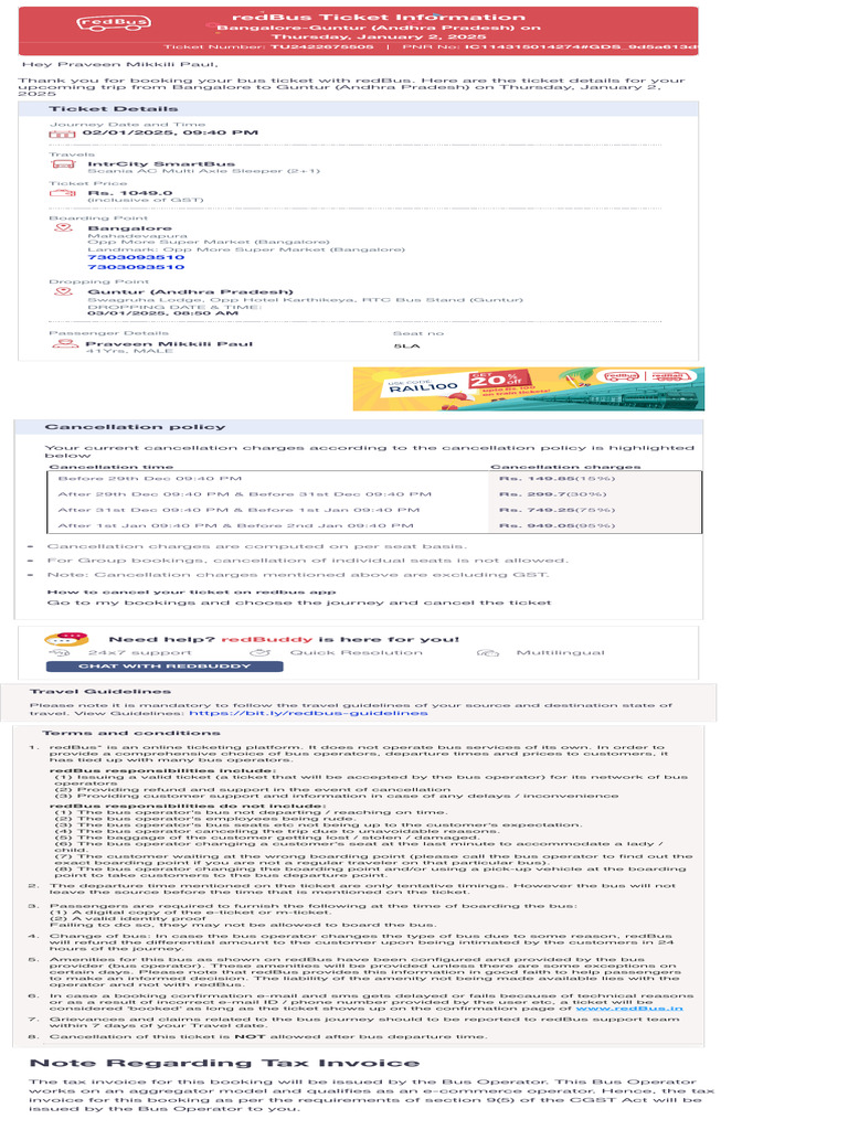 Note Regarding Tax Invoice: Redbus Ticket Information | PDF | Bus
