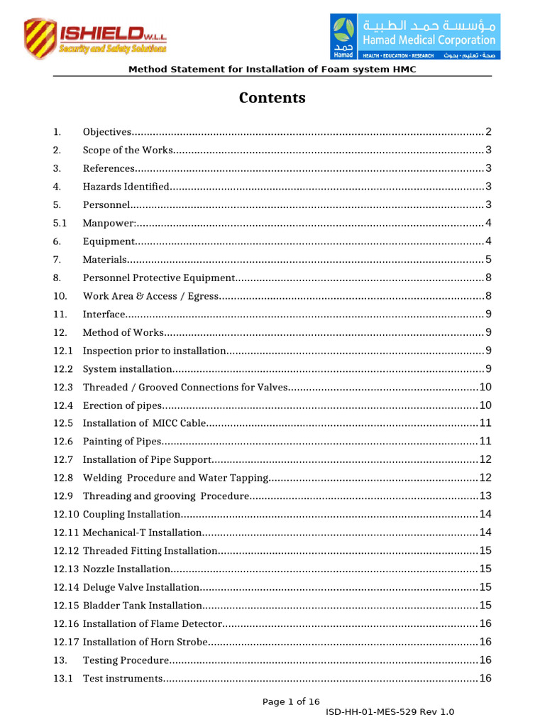 Foam System Installation Method Statement | PDF | Pipe (Fluid ...