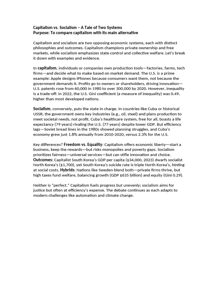 Capitalism vs. Socialism: Key Differences | PDF