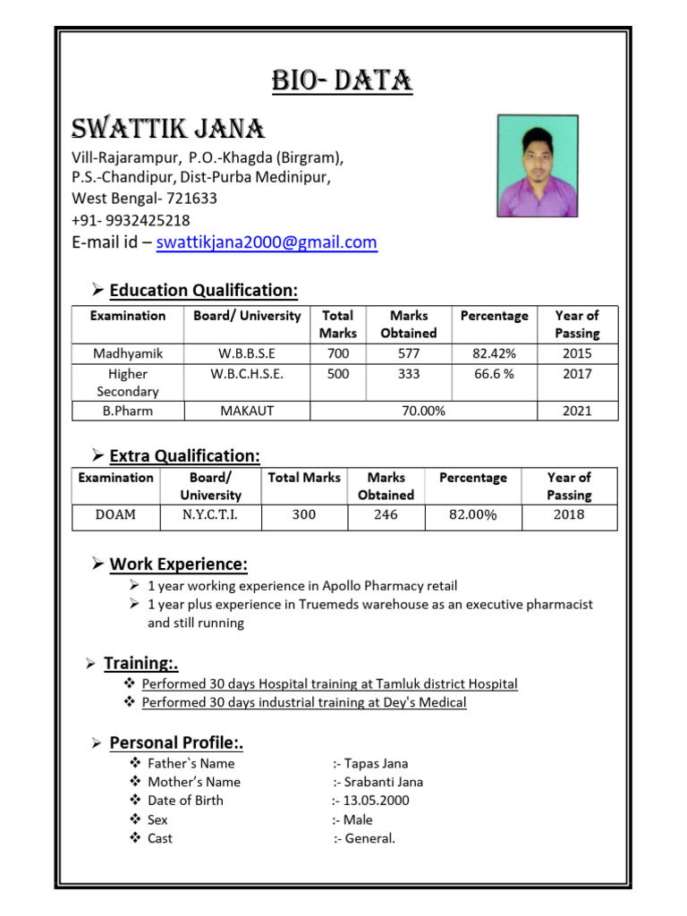 Swattik Jana's Professional Bio-data | PDF