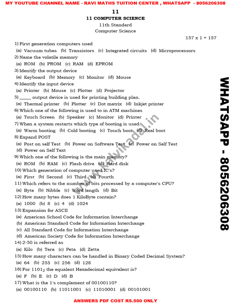 11th Computer Science 1,2,3, & 5 Marks Question Bank EM | PDF ...