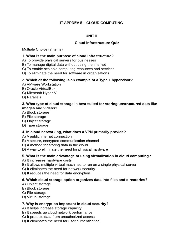 Cloud Infrastructure Quiz for IT AppDev | PDF