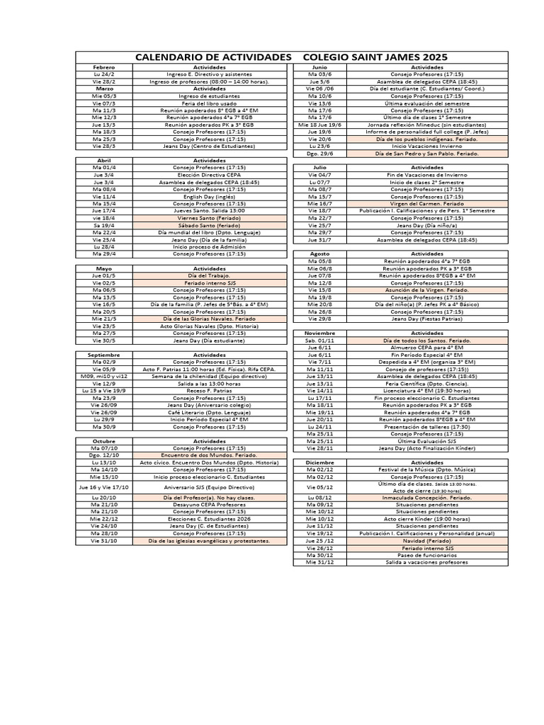 Calendario de Actividades Colegio Saint James 2025 | PDF | Fiestas ...
