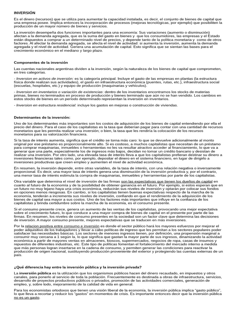 Tipos y Determinantes de la Inversión Económica | PDF | Inversiones ...