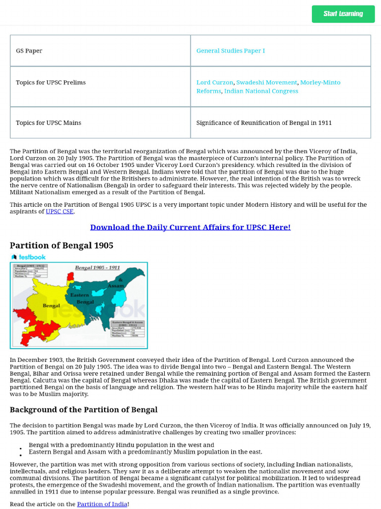 Partition of Bengal 1905 - Causes, Impact & More - UPSC Notes | PDF