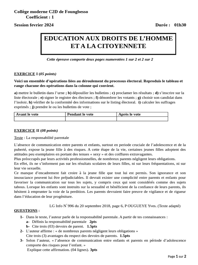 Épreuve de C2D : Processus électoral et parentalité | PDF | Vote ...