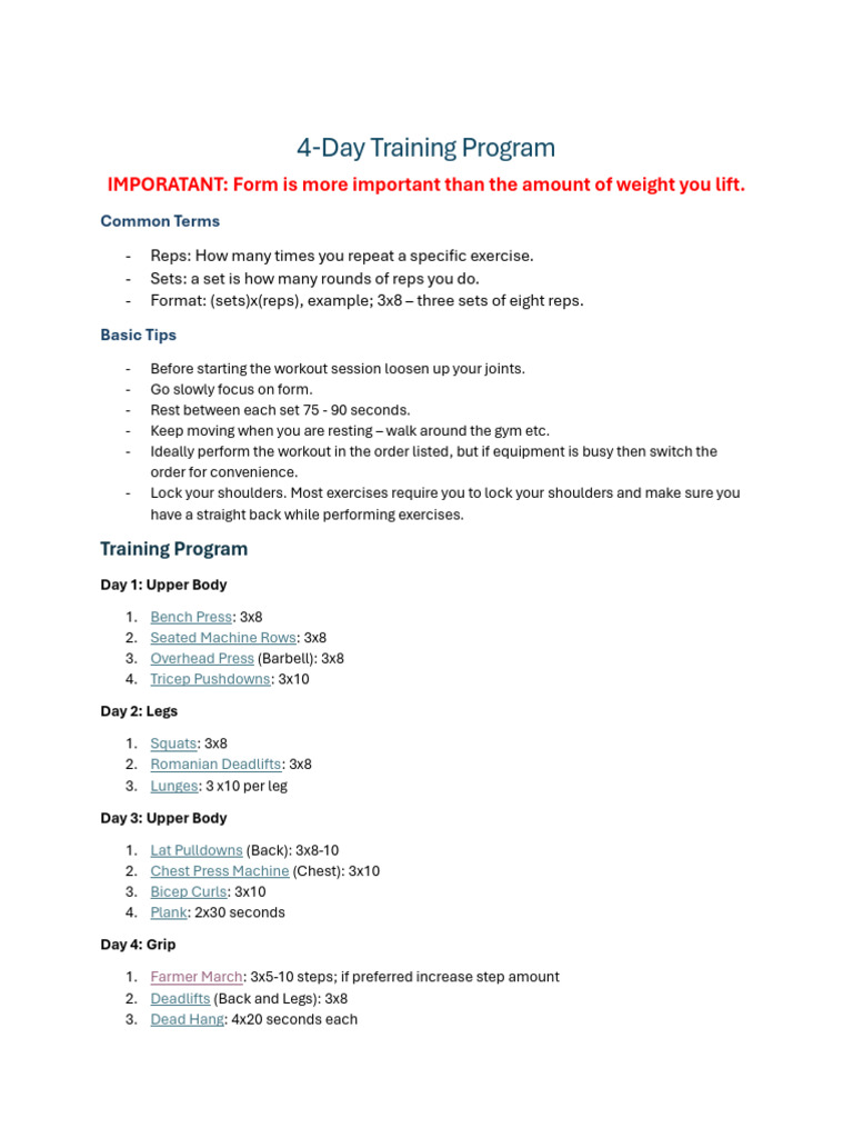 4-Day Workout Training Program PDF | PDF